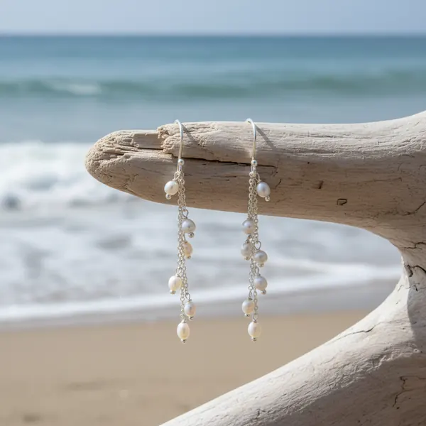 Long pearl-cluster drop earrings hanging from driftwood on the beach