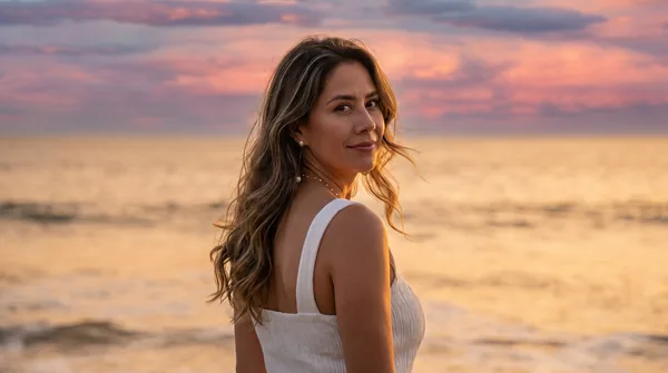 Imelda looks back over her shoulder on the shore, wearing her pearl necklace under a pink evening sky