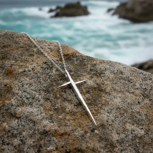 La Cruz slender silver cross necklace hanging on a rock face, turquoise surf blurred behind